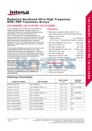 ISL73127RHF/PROTO datasheet - Radiation Hardened Ultra High Frequency NPN/PNP Transistor Arrays