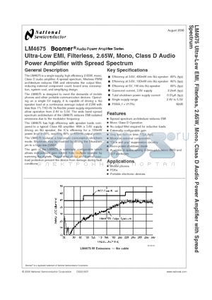 LM4675 datasheet - Ultra-Low EMI, Filterless, 2.65W, Mono, Class D Audio Power Amplifier with Spread Spectrum