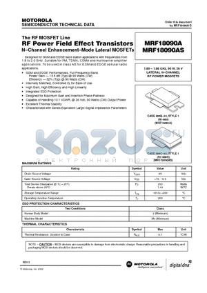 MRF18090A datasheet - 1.80 - 1.88 GHz, 90 W, 26 V LATERAL N-CHANNEL RF POWER MOSFETS