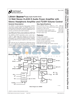 LM4681 datasheet - 10 Watt Stereo CLASS D Audio Power Amplifier with Stereo Headphone Amplifier and I2C/SPI Volume Control