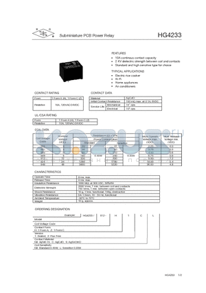 HG4233/024-H1 datasheet - Subminiature PCB Power Relay