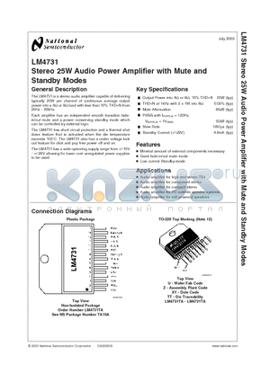 LM4731 datasheet - Stereo 25W Audio Power Amplifier with Mute and Standby Modes