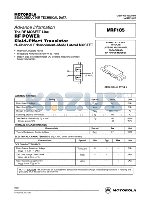 MRF185 datasheet - LATERAL N-CHANNEL BROADBAND RF POWER MOSFET