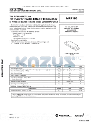 MRF186 datasheet - The RF MOSFET Line RF POWER FIELD-EFFECT TRANSISTOR Channel Enhancement-Mode Lateral MOSFET