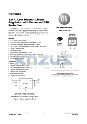 NCP5667DS50R4G datasheet - 3.0 A, Low Dropout Linear Regulator with Enhanced ESD Protection