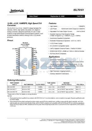 ISL76161AVZ-TK datasheet - 12-Bit, 3.3V, 130MSPS, High Speed D/A Converter