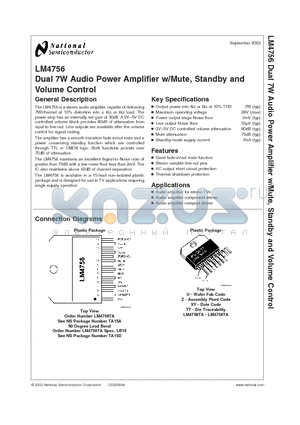 LM4756 datasheet - Dual 7W Audio Power Amplifier w/Mute, Standby and Volume Control