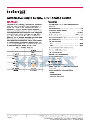 ISL76123AHZ-T datasheet - Automotive Single Supply, SPDT Analog Switch