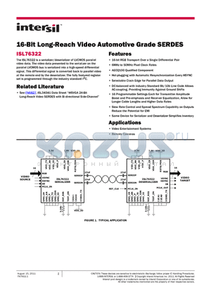 ISL76322ARZ datasheet - 16-Bit Long-Reach Video Automotive Grade SERDES