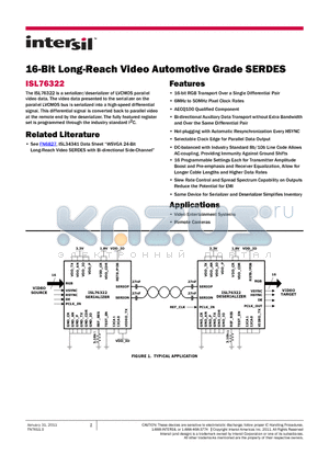 ISL76322 datasheet - 16-Bit Long-Reach Video Automotive Grade SERDES