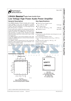 LM4804 datasheet - Low Voltage High Power Audio Power Amplifier