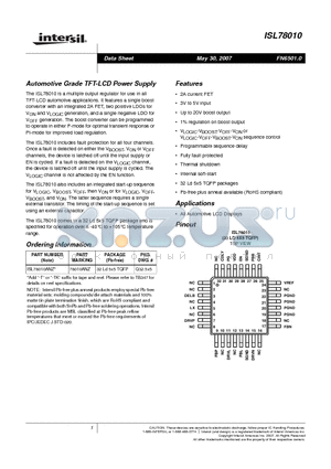 ISL78010ANZ datasheet - Automotive Grade TFT-LCD Power Supply