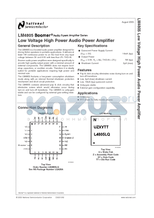 LM4805 datasheet - Low Voltage High Power Audio Power Amplifier
