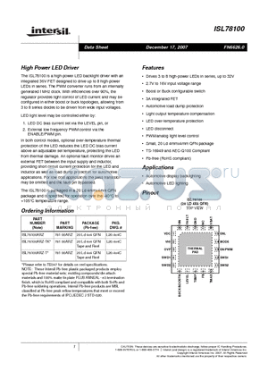 ISL78100ARZ-T datasheet - High Power LED Driver