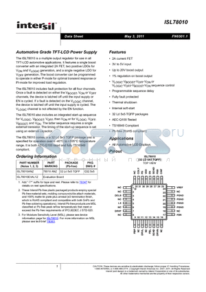 ISL78010_11 datasheet - Automotive Grade TFT-LCD Power Supply
