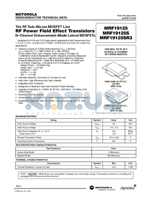 MRF19125S datasheet - RF Sub-Micron MOSFET Line N-Channel Enhancement-Mode Lateral MOSFETs
