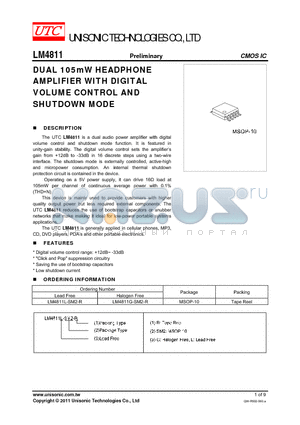 LM4811 datasheet - DUAL 105mW HEADPHONE AMPLIFIER WITH DIGITAL VOLUME CONTROL AND SHUTDOWN MODE