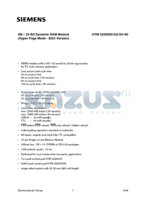 HYM322005GS-60 datasheet - 2M x 32-Bit Dynamic RAM Module