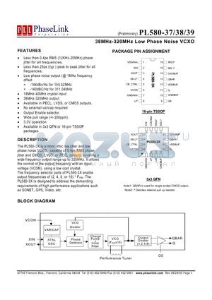 PL580-37QC datasheet - 38MHz-320MHz Low Phase Noise VCXO