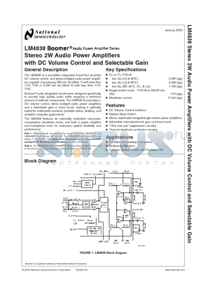 LM4838LQ datasheet - Stereo 2W Audio Power Amplifiers with DC Volume Control and Selectable Gain