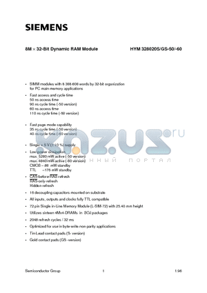 HYM328020S-60 datasheet - 8M x 32-Bit Dynamic RAM Module