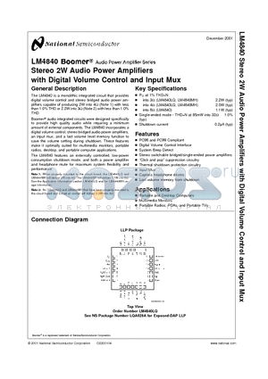 LM4840 datasheet - Stereo 2W Audio Power Amplifiers with Digital Volume Control and Input Mux