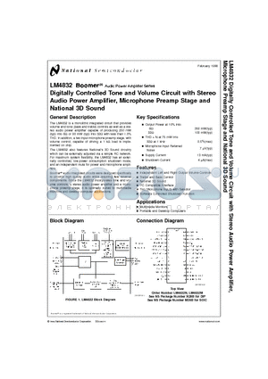 LM4832N datasheet - Digitally Controlled Tone and Volume Circuit with Stereo Audio Power Amplifier, Microphone Preamp Stage and National 3D Sound