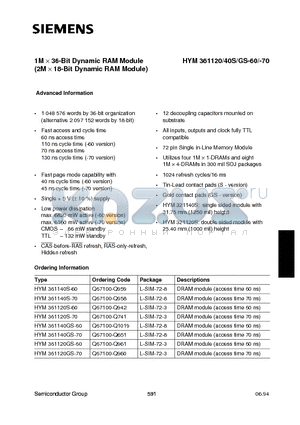 HYM361120GS-70 datasheet - 1M x 36-Bit Dynamic RAM Module (2M x 18-Bit Dynamic RAM Module)