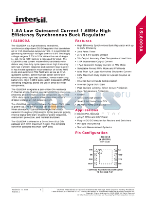 ISL8009AIRZ-T datasheet - 1.5A Low Quiescent Current 1.6MHz High Efficiency Synchronous Buck Regulator