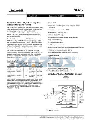 ISL8010 datasheet - Monolithic 600mA Step-Down Regulator with Low Quiescent Current
