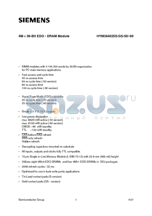 HYM364025GS-60 datasheet - 4M x 36-Bit EDO - DRAM Module