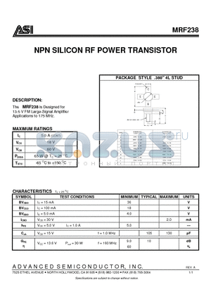 MRF238 datasheet - NPN SILICON RF POWER TRANSISTOR