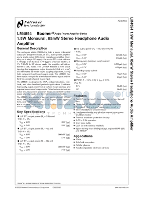 LM4854 datasheet - 1.9W Monaural, 85mW Stereo Headphone Audio Amplifier