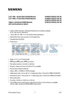 HYM64V1605GU-50 datasheet - 3.3V 16M x 64-Bit EDO-DRAM Module 3.3V 16M x 72-Bit EDO-DRAM Module