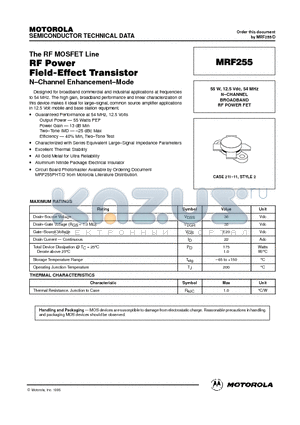 MRF255 datasheet - N-CHANNEL BROADBAND RF POWER FET