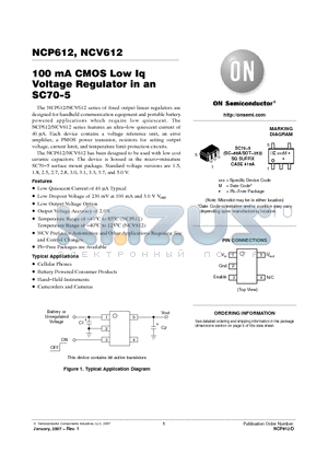 NCP612 datasheet - 100 mA CMOS Low Iq Voltage Regulator in an SC70−5
