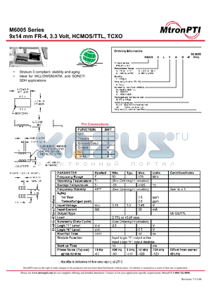 M6005 datasheet - 9x14 mm FR-4, 3.3 Volt, HCMOS/TTL, TCXO