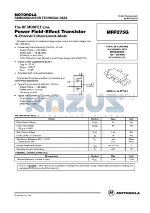 MRF275 datasheet - 150 W, 28 V, 500 MHz N.CHANNEL MOS BROADBAND 100 - 500 MHz RF POWER FET