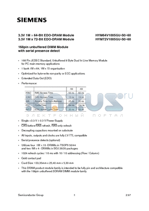 HYM72V1005GU-60 datasheet - 3.3V 1M x 64-Bit EDO-DRAM Module 3.3V 1M x 72-Bit EDO-DRAM Module