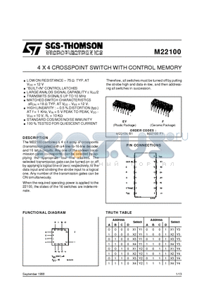 M22100 datasheet - 4 X 4 CROSSPOINT SWITCH WITH CONTROL MEMORY