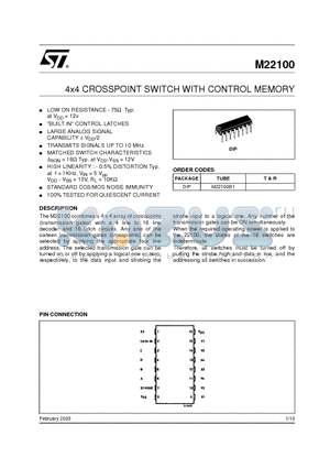 M22100 datasheet - 4x4 CROSSPOINT SWITCH WITH CONTROL MEMORY