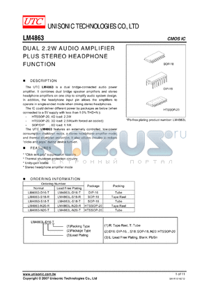 LM4863L-S18-R datasheet - DUAL 2.2W AUDIO AMPLIFIER PLUS STEREO HEADPHONE FUNCTION