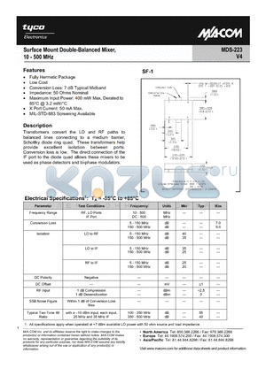 M223 datasheet - Surface Mount Double-Balance Mixer, 10 KHz - 500 MHz