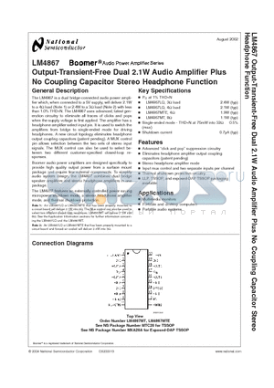 LM4867 datasheet - Output-Transient-Free Dual 2.1W Audop Amplifier Plus No Coupling Capacitor Stereo Headphone Function