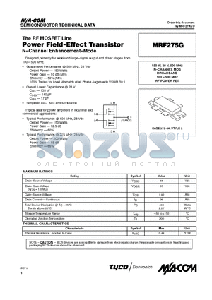 MRF275 datasheet - N-CHANNEL MOS BROADBAND 100 . 500 MHz RF POWER FET