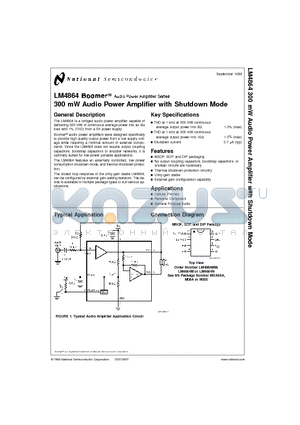 LM4864 datasheet - 300 mW Audio Power Amplifier with Shutdown Mode