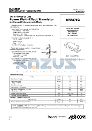 MRF275G datasheet - N-CHANNEL MOS BROADBAND 100 . 500 MHz RF POWER FET