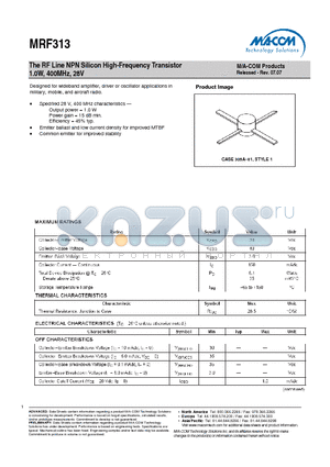 MRF313 datasheet - The RF Line NPN Silicon High-Frequency Transistor 1.0W, 400MHz, 28V