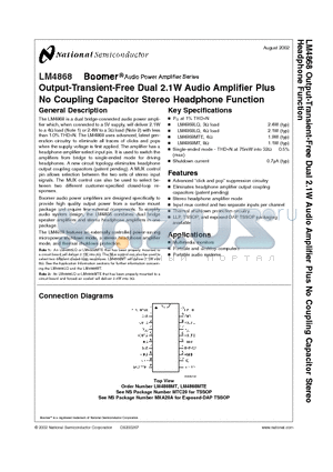 LM4868MT datasheet - Output-Transient-Free Dual 2.1W Audio Amplifier Plus No Coupling Capacitor Stereo Headphone Function