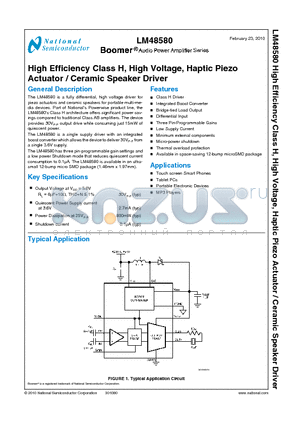 LM48580 datasheet - High Efficiency Class H, High Voltage, Haptic Piezo Actuator / Ceramic Speaker Driver